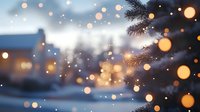 Magical winter evening with glowing bokeh lights and snow falling, pine branch silhouette against blurred festive background creates cozy holiday atmosphere.