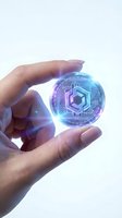 Hands protecting glowing digital sphere with hexagonal circuit patterns representing cybersecurity, data protection and futuristic technology innovation.