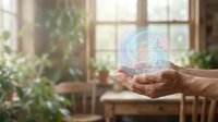 Elderly hands holding a glowing holographic wellness circle with yoga, lotus, and meditation icons in a cozy natural home setting.