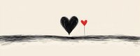 Minimalist love concept showing black and red heart shapes on horizon line against cream background, expressing romance and relationship dynamics in simple artistic style.