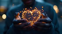 Female hands holding magical glowing heart shape made of golden sparkles and light particles against dark background with bokeh lights creating romantic atmosphere.