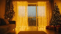 Cozy living room with glowing fairy lights curtain, decorated Christmas trees and wrapped presents creating warm festive atmosphere at night.