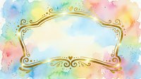 Elegant gold ornamental frame on pastel watercolor background with pink, blue, and yellow splashes, perfect for greeting cards and invitations.