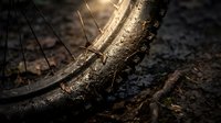 Close-up of muddy mountain bike wheel and frame covered in dirt and dust after off-road trail riding adventure in nature.