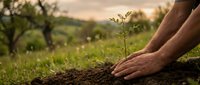 Farmer planting young seedling in fertile soil with orchard rows visible in background at sunset, promoting sustainable agriculture and environmental conservation.
