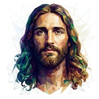 Geometric low poly portrait of bearded man with long wavy hair in colorful triangular mosaic style on white background for modern digital art projects.