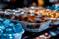 Gourmet chocolate candies in glass display case with soft bokeh lighting effect, close-up view showing rich texture and artisanal confectionery details.