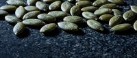 Green cardamom pods scattered on dark slate surface creating aromatic spice background for culinary and cooking applications.