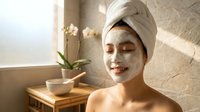 Young Asian woman with white towel on head enjoying facial mask treatment in luxury spa bathroom with natural lighting and orchid flowers.