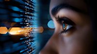 Close up view of brown eye with long eyelashes looking at glowing digital data stream with bokeh lights in dark background, representing future technology and AI vision.