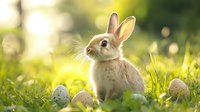 Adorable young rabbit sitting in lush green spring grass with Easter eggs, illuminated by warm golden sunlight creating a magical nature atmosphere.