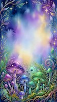 Enchanted forest scene with glowing mushrooms, magical plants, and ornate foliage framing a dreamy watercolor sky in purple, blue, and gold tones. Whimsical woodland background for fantasy designs.