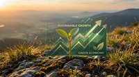 Seedling sprouting from soil with upward trending arrow graph overlay representing sustainable growth and green economy development in natural landscape.