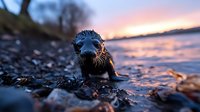 Young seal pup on rocky beach at sunset, close-up view of wet fur and whiskers against dramatic orange sky and water reflections, wildlife photography.