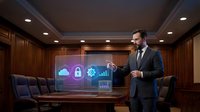 Professional businessman presenting cloud security analytics in modern boardroom with holographic technology interface and data visualization icons.