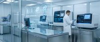 Male scientist in white lab coat working with advanced medical equipment in modern sterile laboratory with glass walls and digital displays for research.