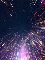 Dynamic light trails create warp speed effect against starry night sky, with vibrant streaks of purple, pink, and blue radiating from center point in space background.