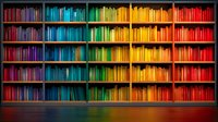 Colorful rainbow bookshelf arrangement with books organized by color spectrum from purple to red creating vibrant gradient pattern in library interior.