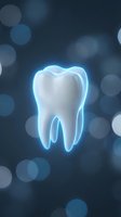 Glowing white tooth with blue neon outline on dark background with bokeh lights for dental care and oral health concepts.