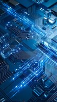 Glowing circuit board with illuminated pathways and electronic components, representing digital technology, data flow, and computing infrastructure for tech and innovation projects.