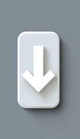 White downward arrow icon on rounded rectangle button with soft shadow against gray background. Isolated design element for user interface and web graphics.
