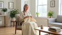 Middle-aged woman with blonde hair, Caucasian ethnicity, wearing casual beige cardigan and white shirt, sitting in armchair holding folded cream knit blanket in bright living room with potted plants and natural light from windows.