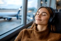 Young Caucasian woman in brown sweater relaxing with headphones at airport terminal, eyes closed with peaceful expression near window with airplane view.