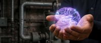 Glowing purple brain hologram floating above open hands in industrial setting with pipes and machinery background for technology and innovation concepts.