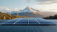Solar panels array on metal roof with majestic snow-capped mountain peak and forest landscape in background during golden hour sunset lighting.