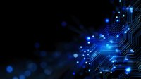 Glowing blue circuit board pattern on black background with digital connections and light effects creating modern technology concept for business presentations.