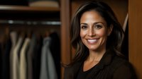 Confident Hispanic businesswoman with radiant smile wearing dark blazer in walk-in closet setting, representing success and professional leadership.