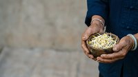 Elderly male hands holding bowl of dried straw or hay, wearing blue shirt. Suitable for agriculture, farming, rural lifestyle, sustainability, and harvest themes.