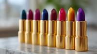 Colorful lipsticks in golden tubes arranged in row on light surface. Vibrant shades from purple to red and teal create gradient effect. Luxury cosmetics concept.