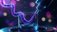 Glowing DNA molecule strand flowing into laboratory glass container with microscope on dark background with purple and blue bokeh lights and particles.