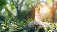 Glowing crystal point on stone surrounded by green foliage in sunlight, creating magical forest atmosphere with natural bokeh effect and warm sunbeams.