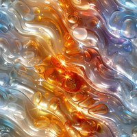 Abstract fluid art with swirling orange, blue and silver metallic waves creating dynamic motion effect with glowing light sparkles and bubble formations.