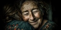 Elderly woman with weathered face and gentle smile embracing someone, showing deep emotion and human connection in warm intimate portrait for storytelling projects.