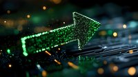Glowing green digital arrow made of binary code points right on computer circuit board with bokeh light effects, representing digital transformation and data flow.