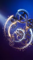 Mechanical gears and clockwork mechanism with golden light trails and sparks on blue gradient background for industrial design concepts.