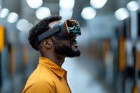 Young African American man in yellow polo shirt wearing virtual reality headset with blue glow reflection, side view against blurred bokeh background.