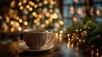 Cozy Christmas morning scene with steaming coffee cup on wooden table surrounded by warm golden bokeh lights and festive evergreen decorations creating holiday atmosphere.