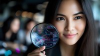 Young Asian businesswoman holding magnifying glass with financial chart reflection, analyzing market data and investment trends with confident smile.