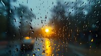 Sunset view through rain-covered window with water droplets creating bokeh effect against golden sunlight.