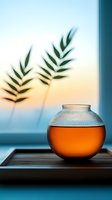 Round glass teapot with amber tea on wooden tray against window with palm leaf shadows at sunset, creating serene minimalist composition for wellness concept.