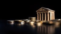 Ancient Greek temple with golden coins on dark reflective surface representing financial stability and investment growth in classical architecture setting.