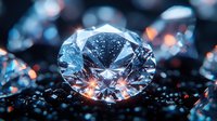 Brilliant cut diamond with dramatic lighting and sparkle effects on dark background, showcasing luxury jewelry craftsmanship with orange light reflections.
