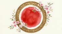 Watercolor red circle in ornate golden frame with delicate pink flowers and green leaves on cream background for wedding invitations and romantic designs.