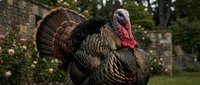 Male wild turkey displaying with fanned tail feathers and red head in natural outdoor setting, suitable for wildlife and nature content.