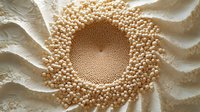 Macro view of golden spherical particles forming spiral pattern on white textured surface, abstract geometric composition with depth and dimension for modern design.