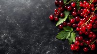 Fresh ripe red currant berries with green leaves on dark stone background with copy space. Natural organic summer harvest for healthy eating.